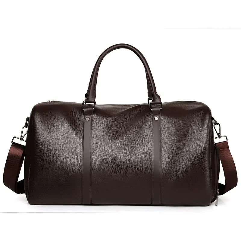 Sac de voyage aspect cuir rétro marron – vue de face avec bandoulière