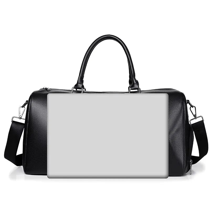 Sac de voyage aspect cuir rétro noir – vue de face avec repère de taille