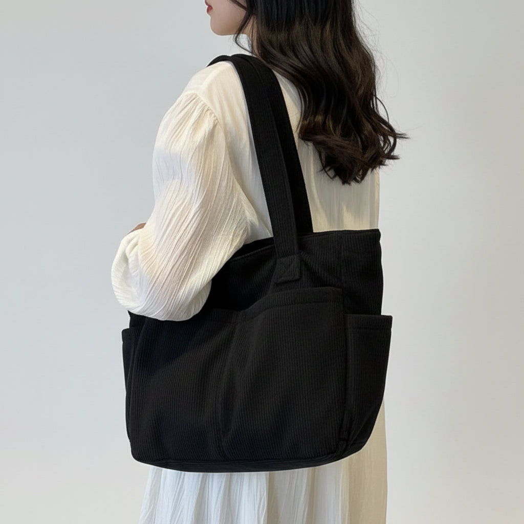 Sac fourre-tout en velours côtelé femme, bretelles fixes et fermeture éclair