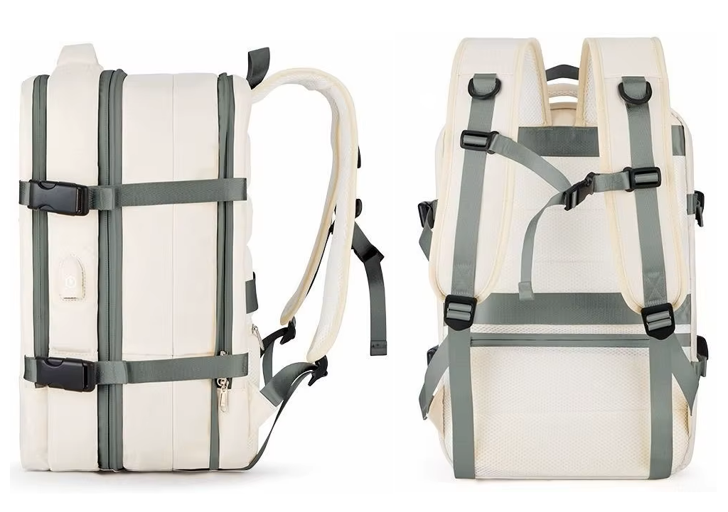 Grand sac à dos voyage de profil et de dos : sangles et bretelles