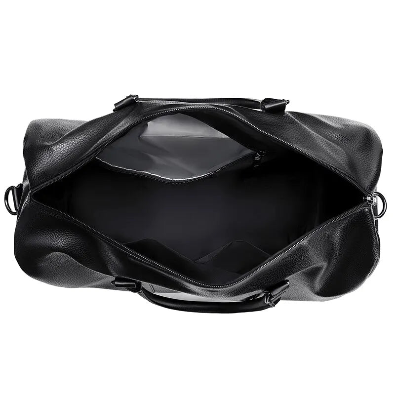 Sac de voyage aspect cuir rétro noir grand ouvert – intérieur