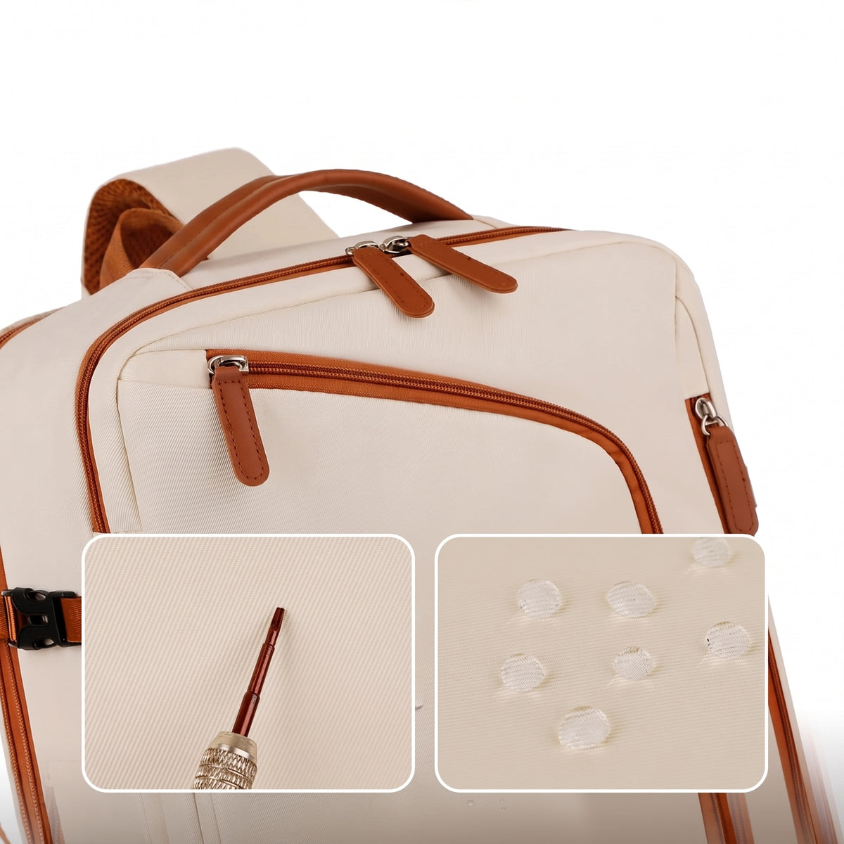 Gros plan de la poche avant zippée du sac à dos ordinateur