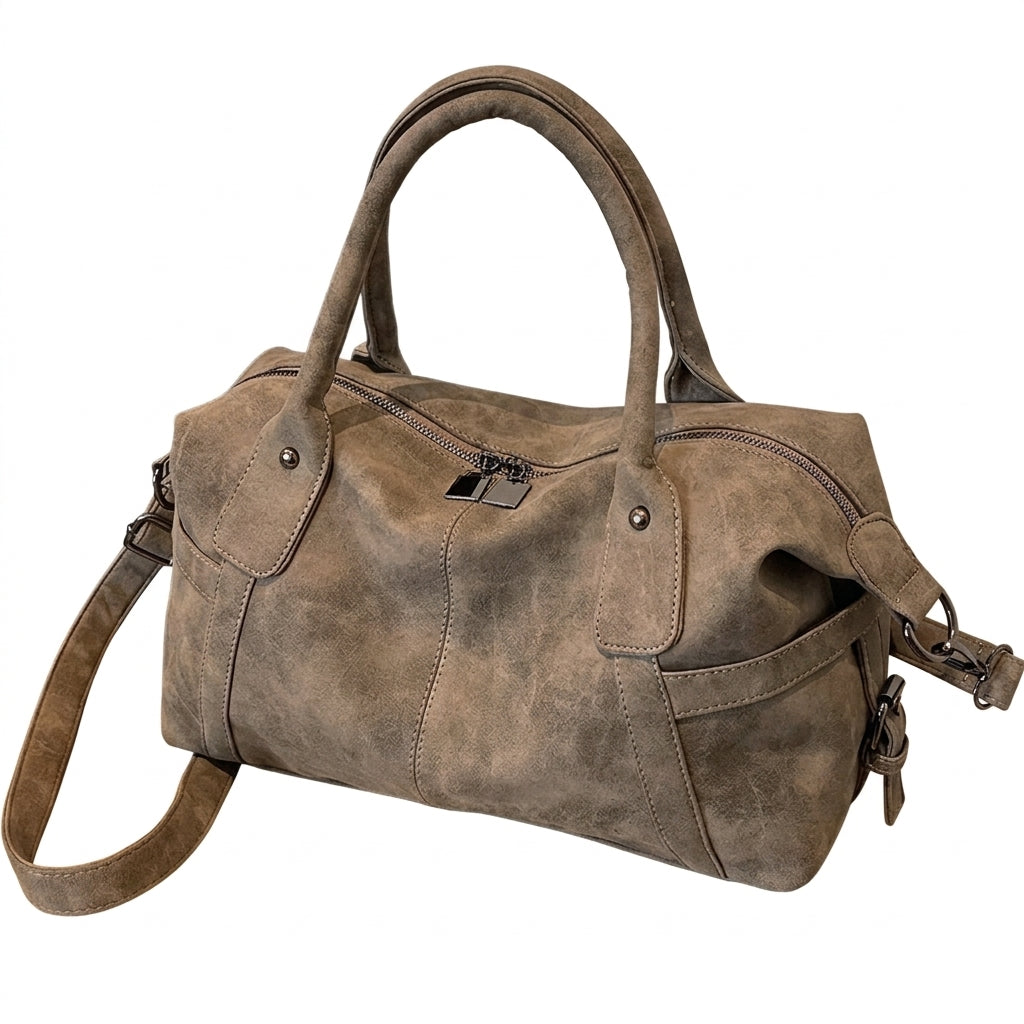 Sac bandoulière aspect cuir rétro kaki – vue de trois quarts avec bandoulière