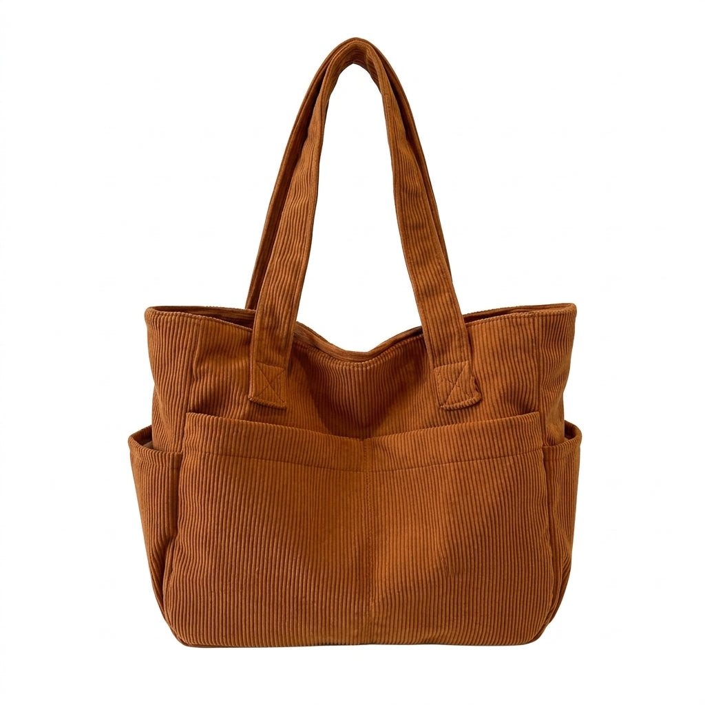 Sac fourre-tout en velours côtelé femme 42 cm bretelles fixes, coloris marron