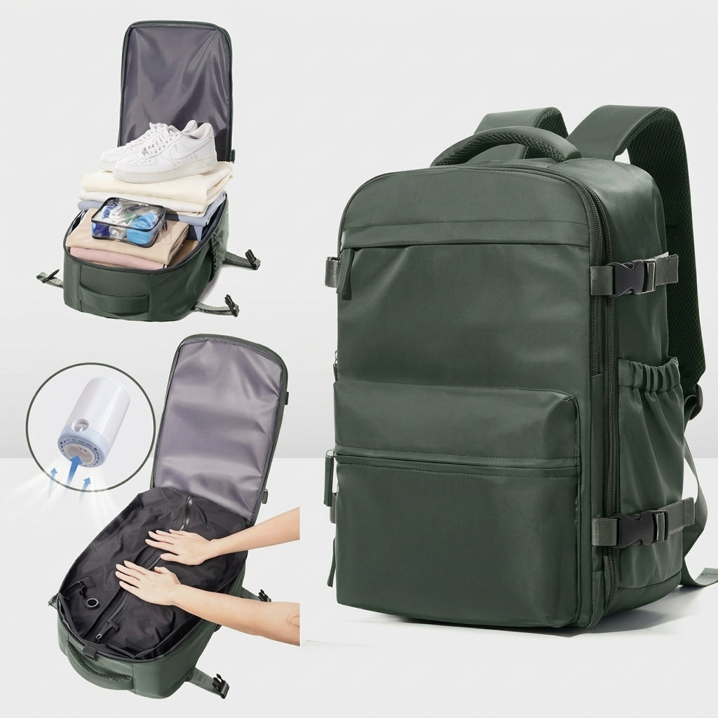 Sac à dos compression vert : rangement et compression à la pompe