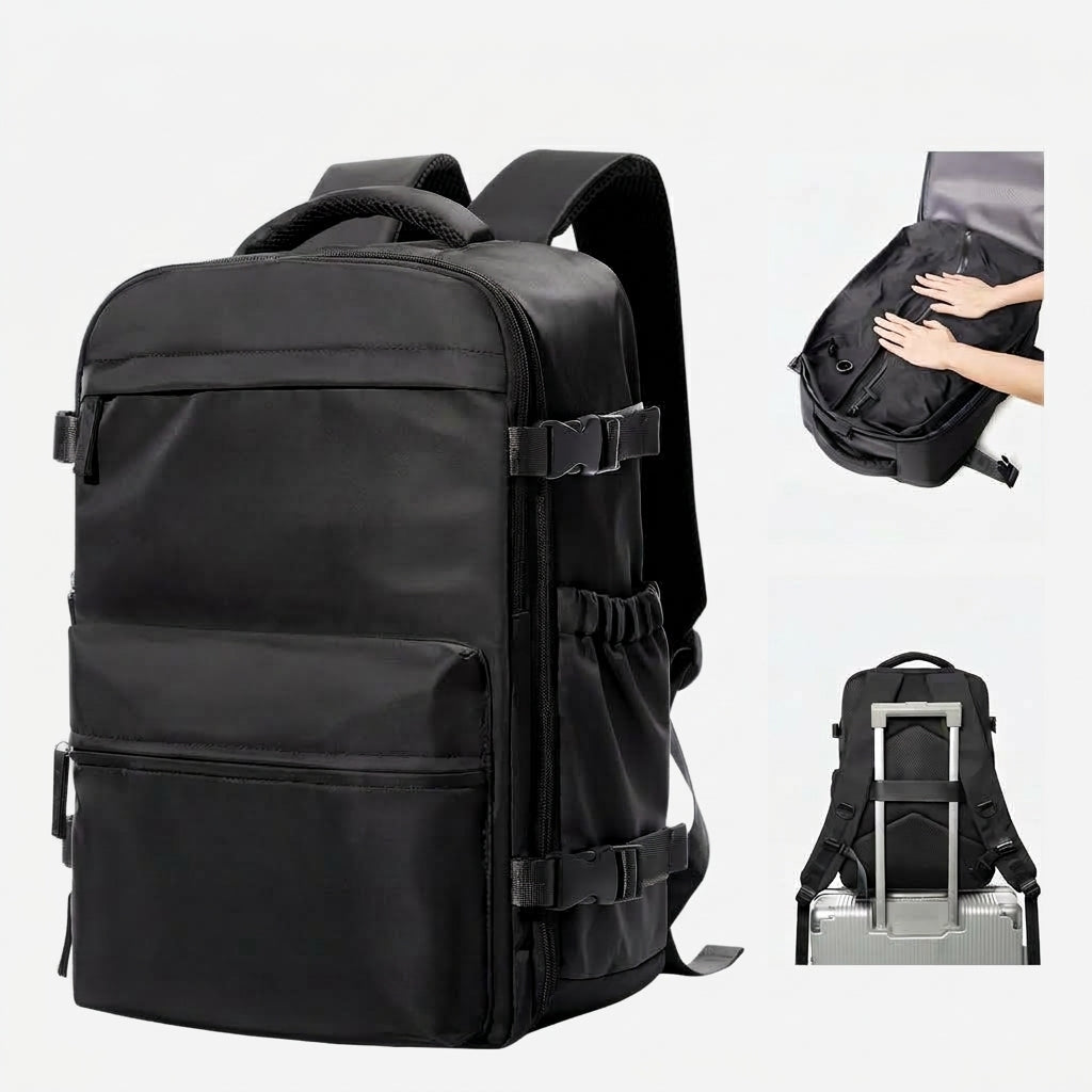 Sac à dos compression noir de face, avec vues de la compression et sur une valise