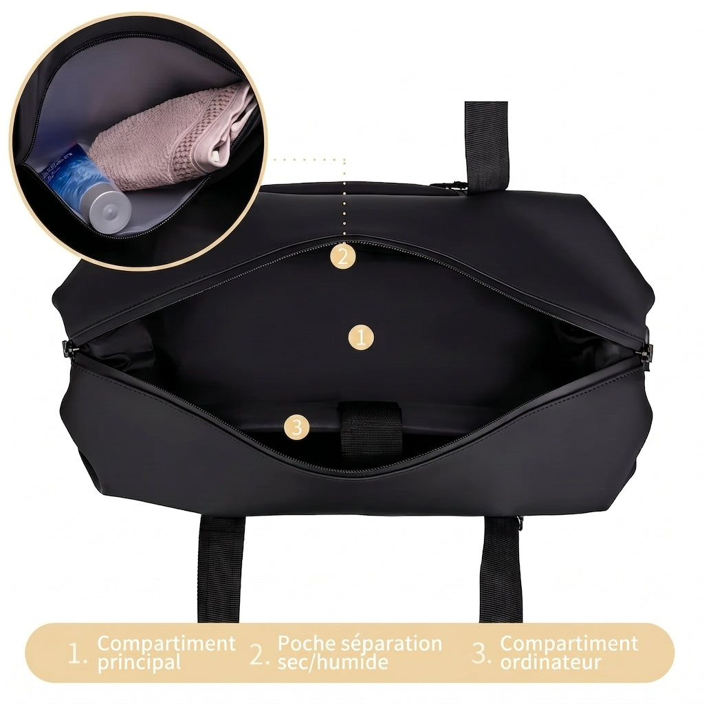Sac week-end aspect cuir ouvert, compartiment principal et poche ordinateur