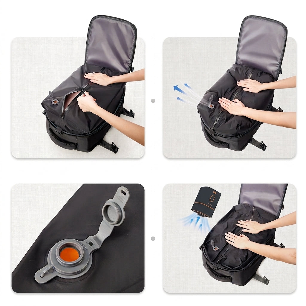 Sac à dos compression : étapes de mise sous vide des vêtements