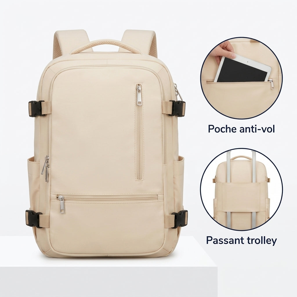 Sac à dos cabine beige de face, avec gros plans de ses poches