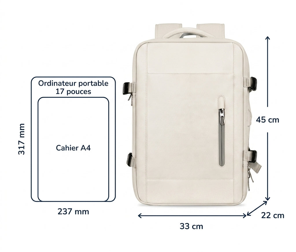 Grand sac à dos voyage : schéma des dimensions