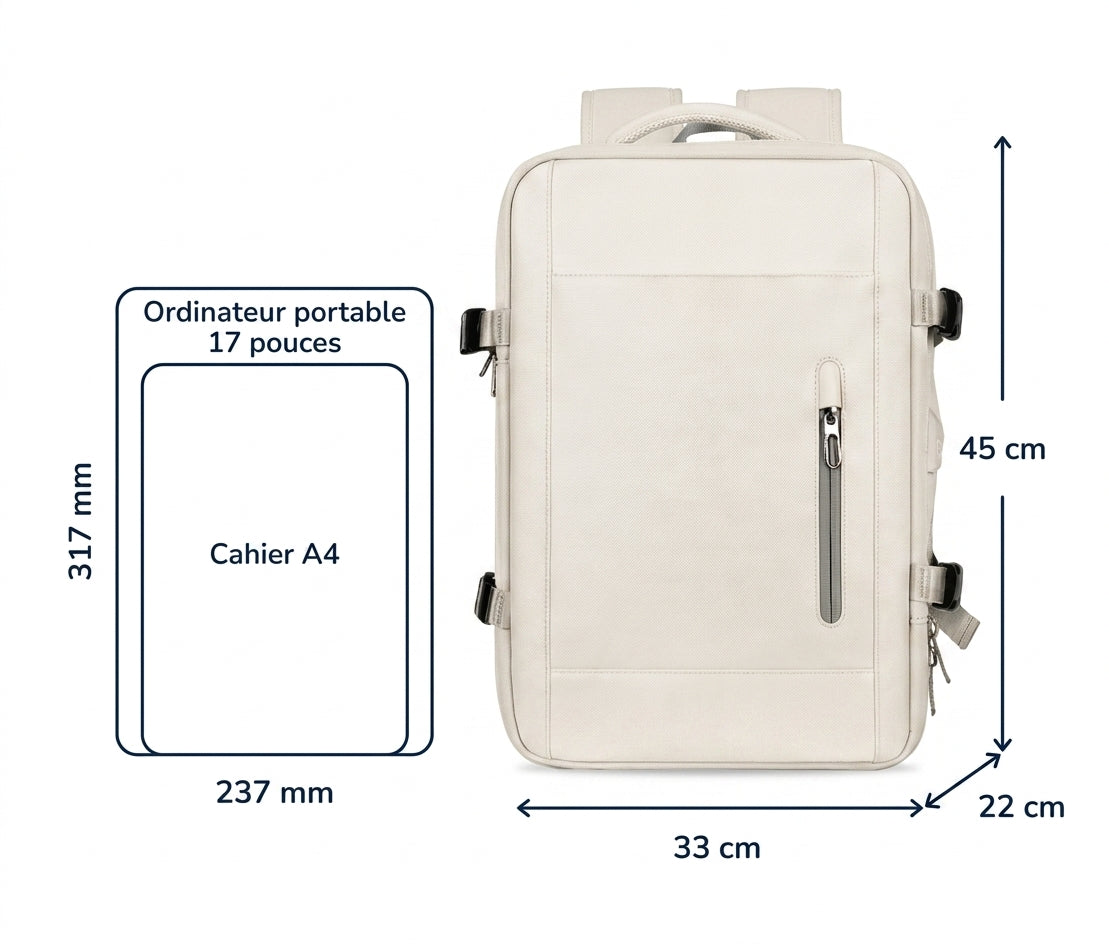 Grand sac à dos voyage : schéma des dimensions
