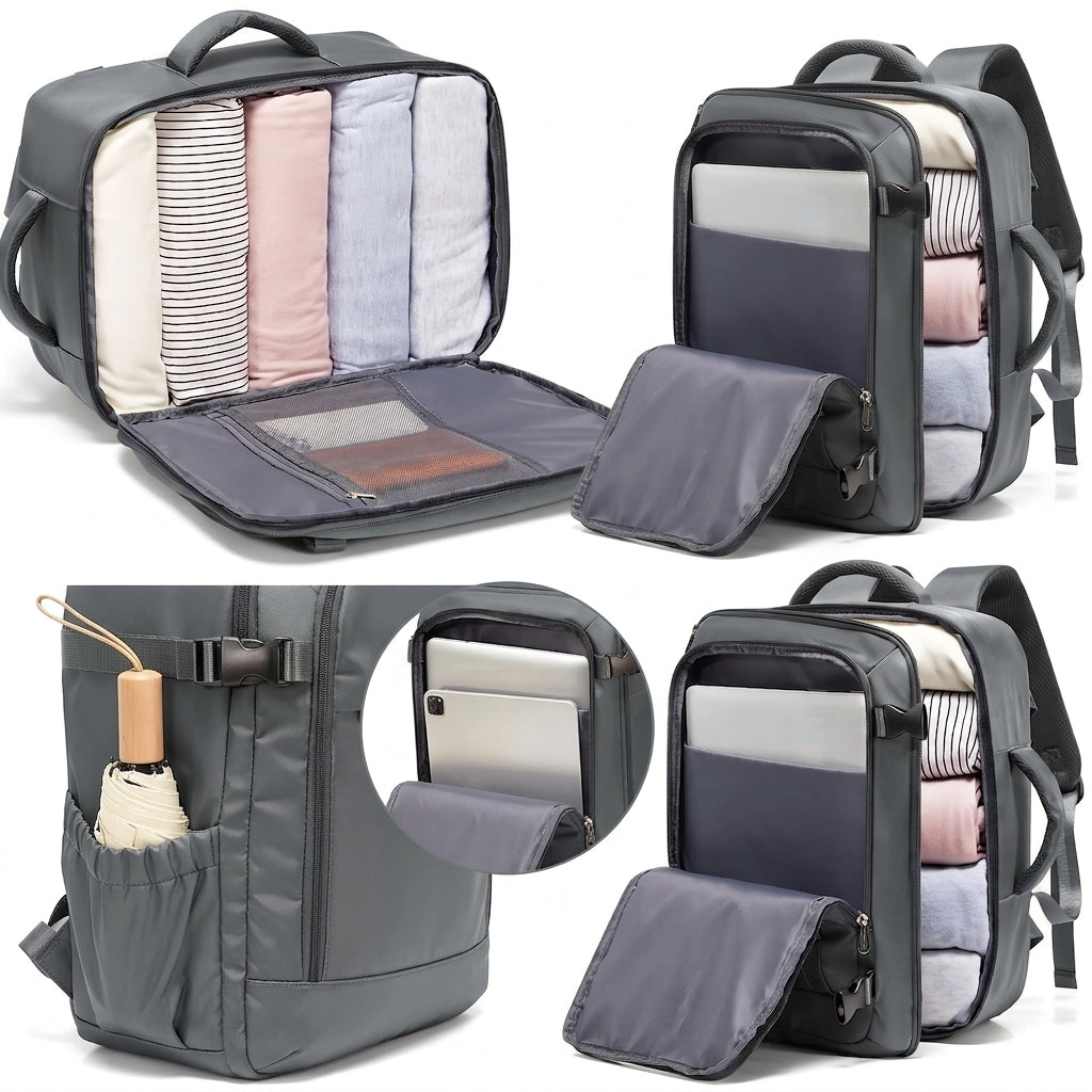 Sac à dos cabine gris ouvert : vêtements pliés, compartiment ordinateur et poche latérale