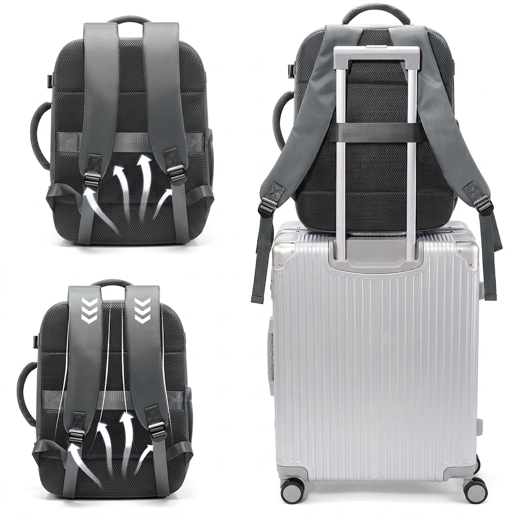 Sac à dos cabine gris vu de dos, bretelles et sangle glissée sur la poignée d'une valise