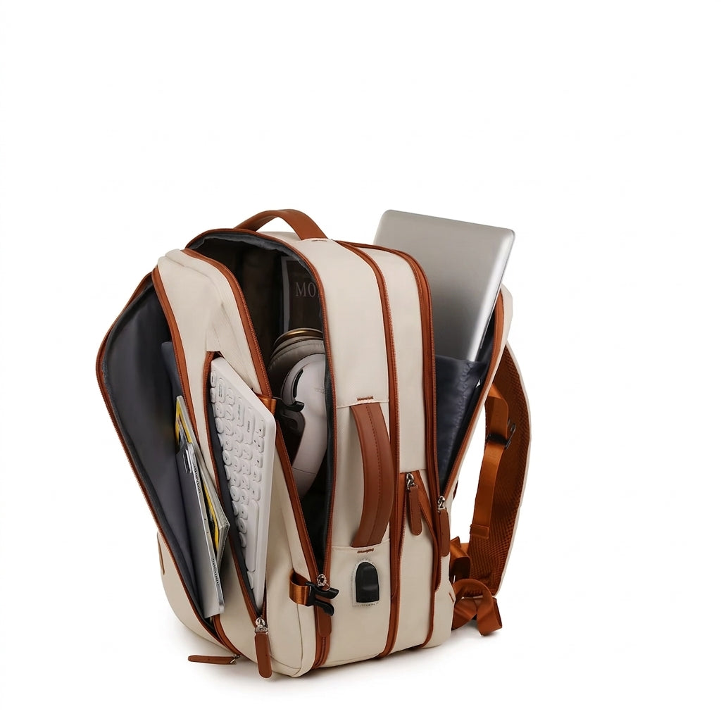Sac à dos ordinateur ultraléger entrouvert, ordinateur glissé à l'intérieur
