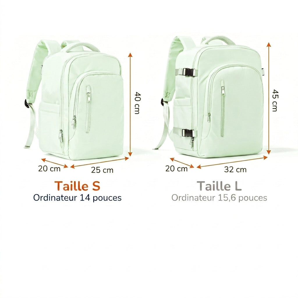 Sac à dos cabine vert clair – schéma des dimensions