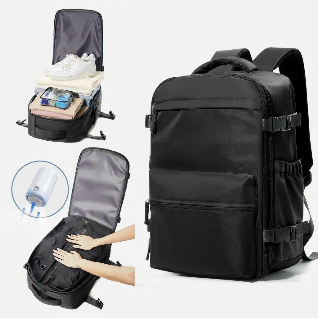 Sac à dos compression noir : rangement et compression à la pompe