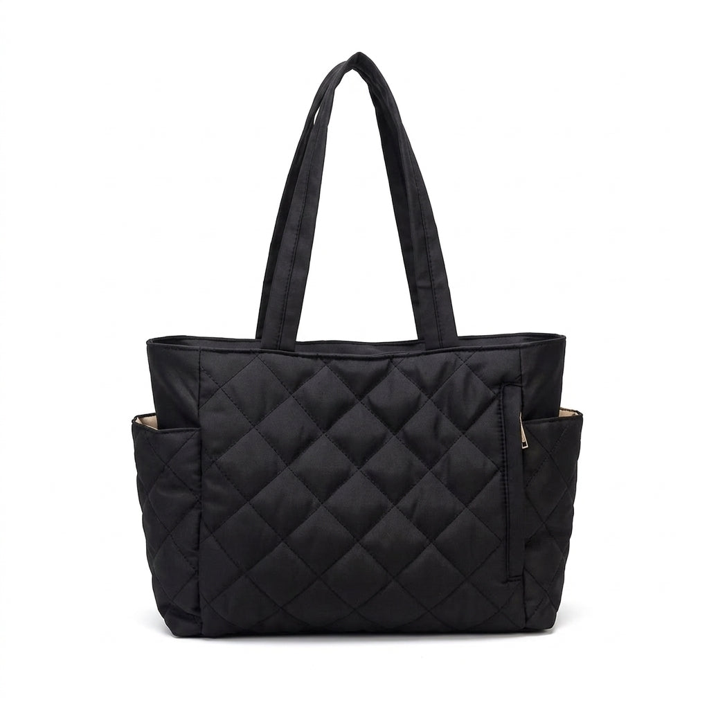 Cabas matelassé à losanges femme 40 cm, coloris noir, vue de face