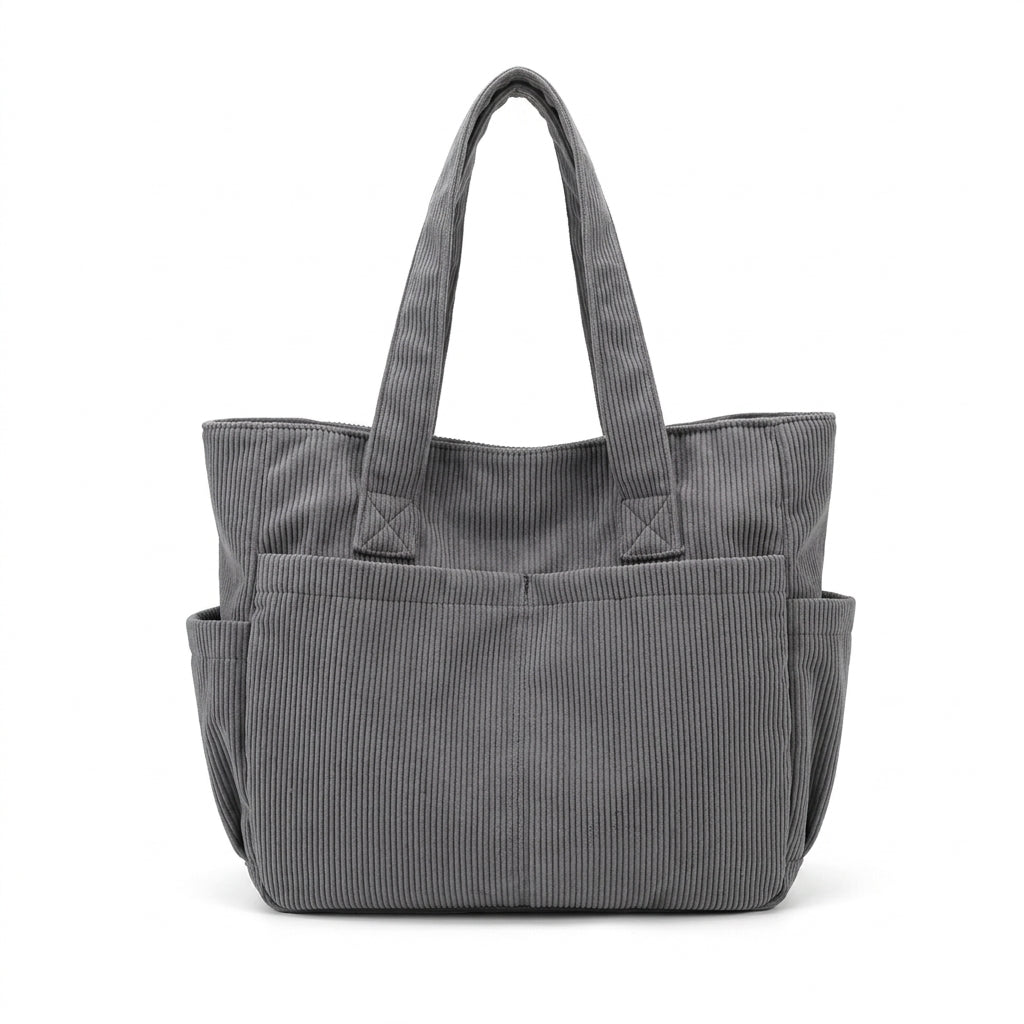 Sac fourre-tout en velours côtelé femme 42 cm bretelles fixes, coloris gris