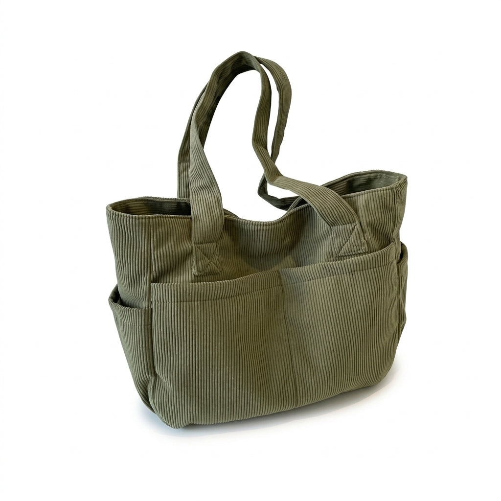 Sac fourre-tout en velours côtelé femme 42 cm bretelles fixes, coloris vert kaki