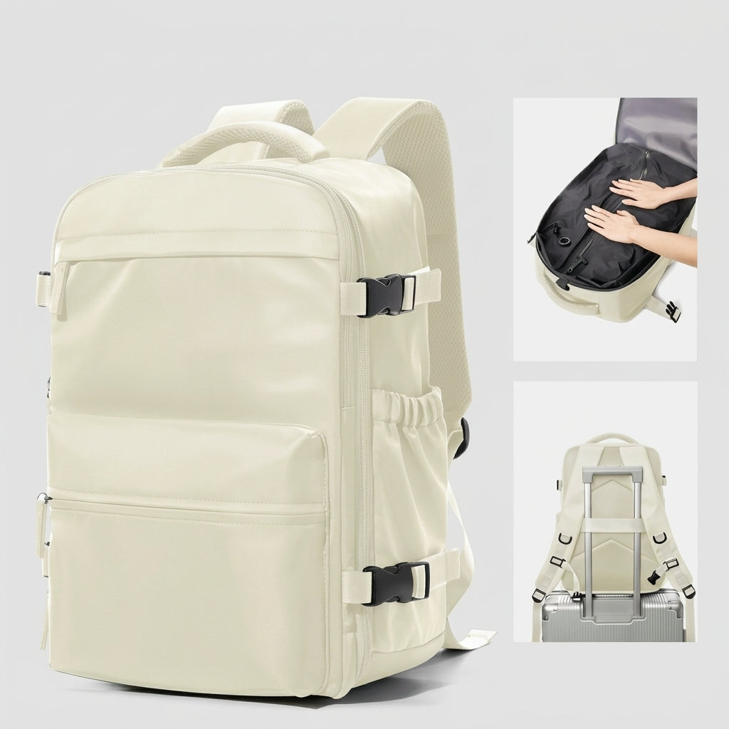 Sac à dos compression beige, vue de trois quarts