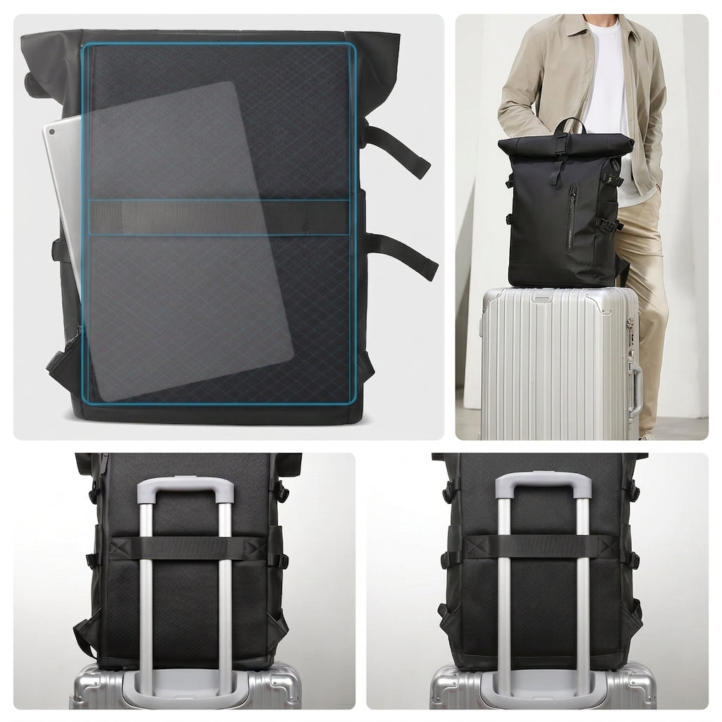 Sac à dos roll-top noir : compartiment ordinateur et vues sur une valise