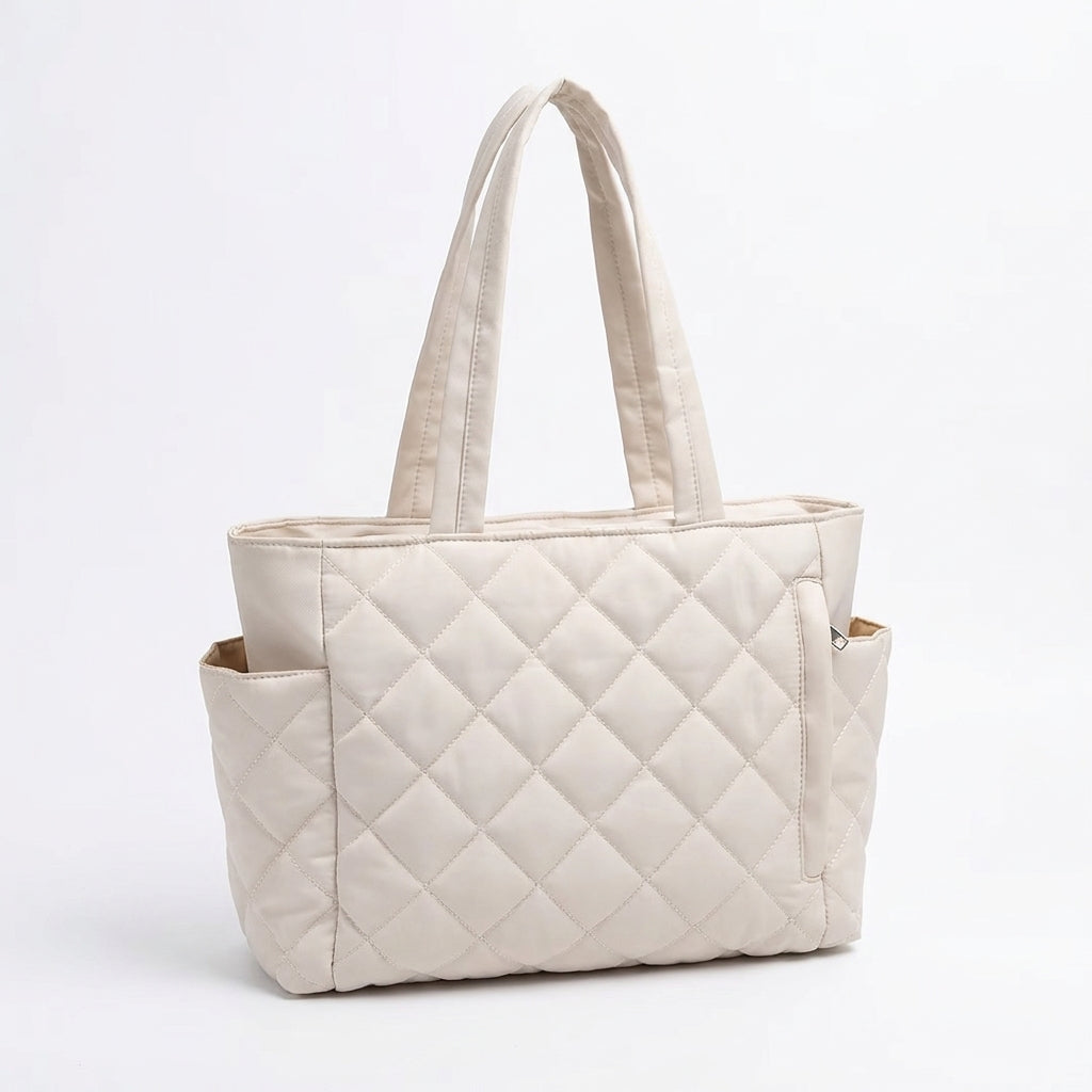 Cabas matelassé à losanges femme 40 cm, coloris beige, vue de face