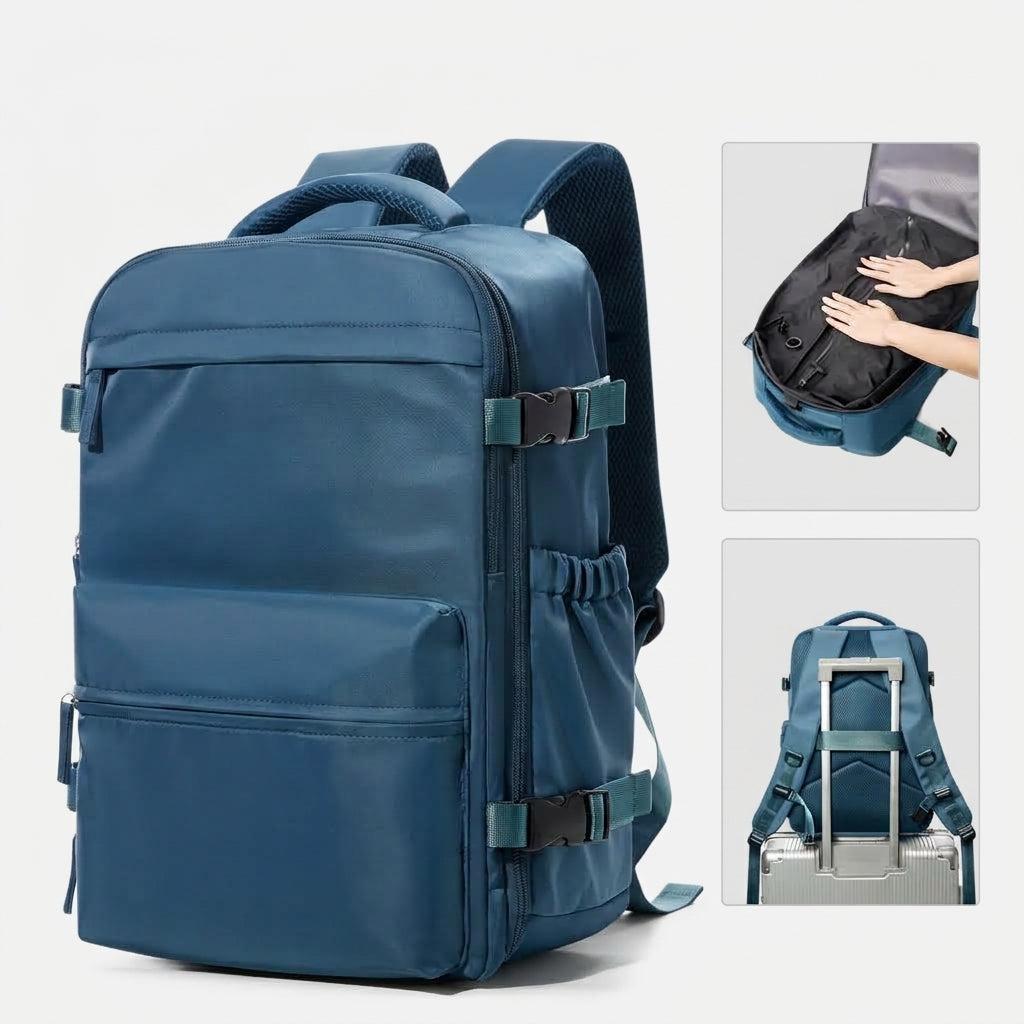 Sac à dos compression bleu paon, vue de trois quarts