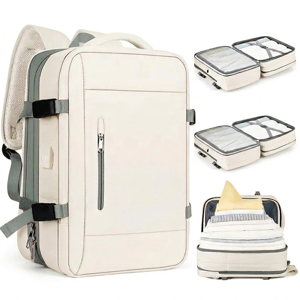 Grand sac à dos voyage et ses compartiments ouverts, vêtements rangés