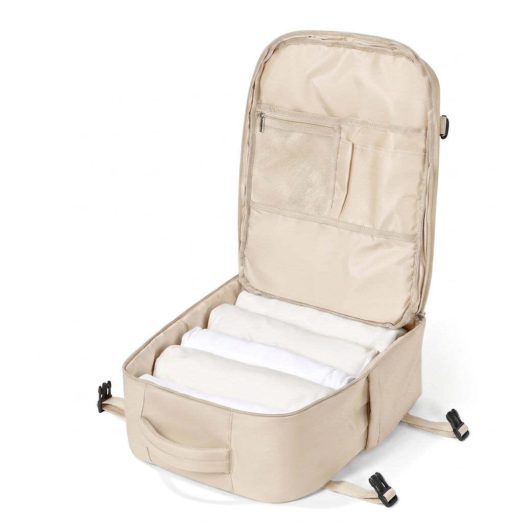 Sac à dos cabine beige ouvert, vêtements rangés dans le compartiment et pochettes intérieures dans le rabat