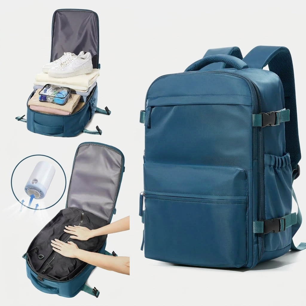 Sac à dos compression bleu paon : rangement et compression à la pompe