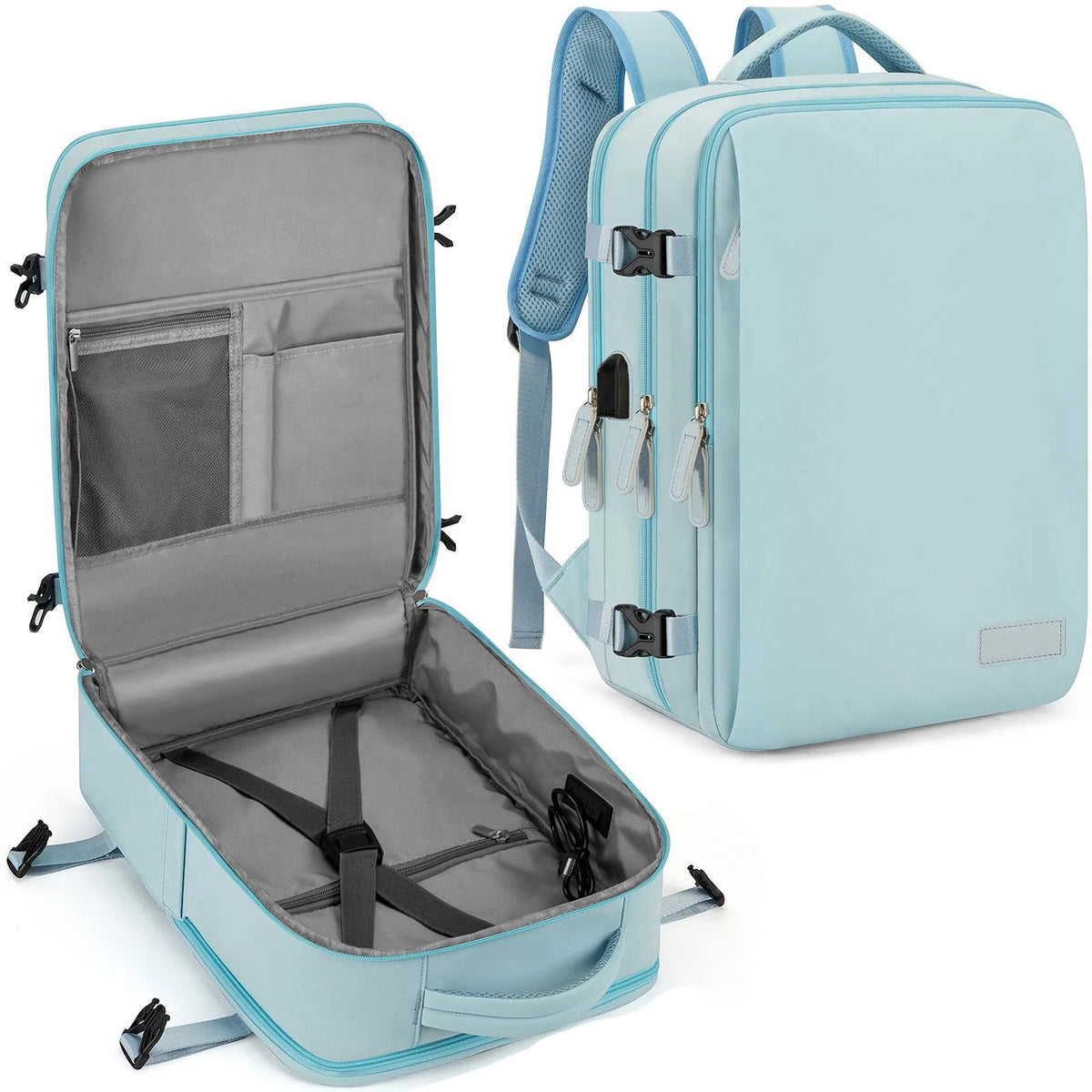 Sac à dos cabine bleu ciel ouvert à plat, à côté du sac fermé