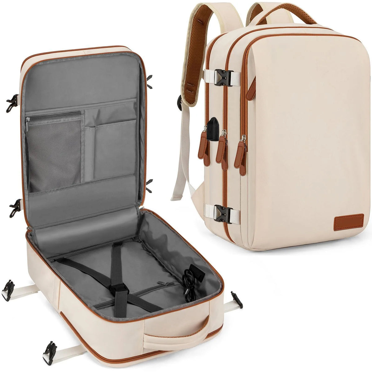 Sac à dos cabine blanc cassé ouvert à plat, à côté du sac fermé