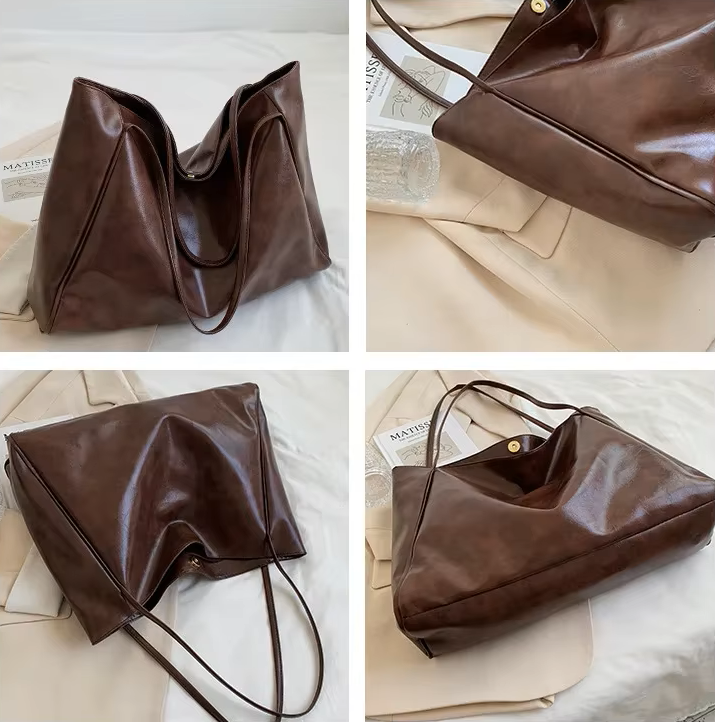 Sac seau aspect cuir souple café – quatre vues du sac posé