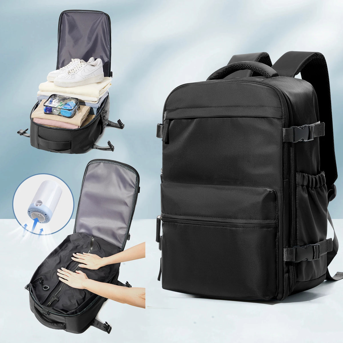 Sac à dos compression noir : rangement et compression à la pompe