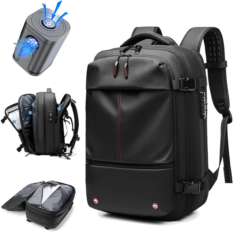 Sac à dos 17 pouces à compression sous vide noir, avec sa pompe et vues ouvert