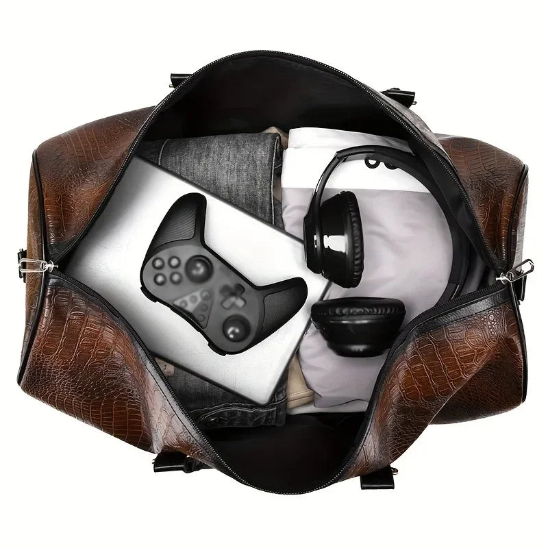 Sac polochon effet croco marron ouvert, vu de dessus