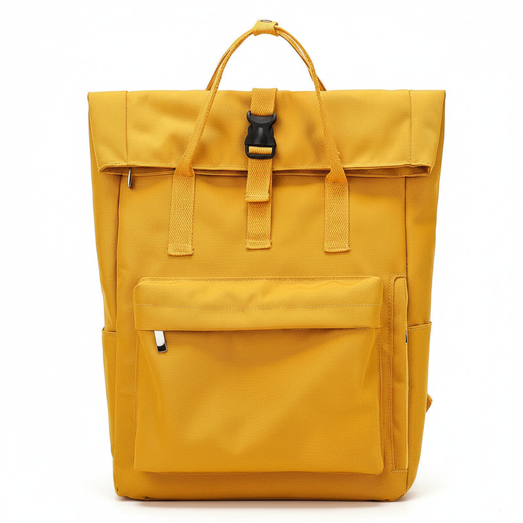 Sac à dos étudiant roll-top vu de face, rabat à boucle fermé