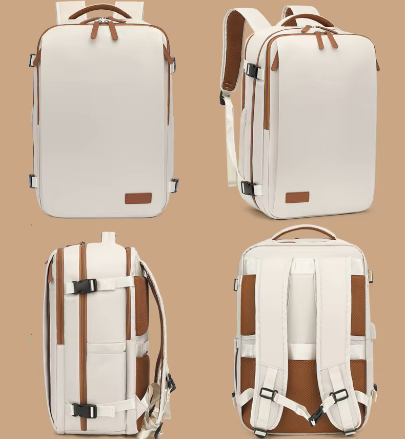Sac à dos cabine blanc cassé vu sous quatre angles : face, trois quarts, profil et dos