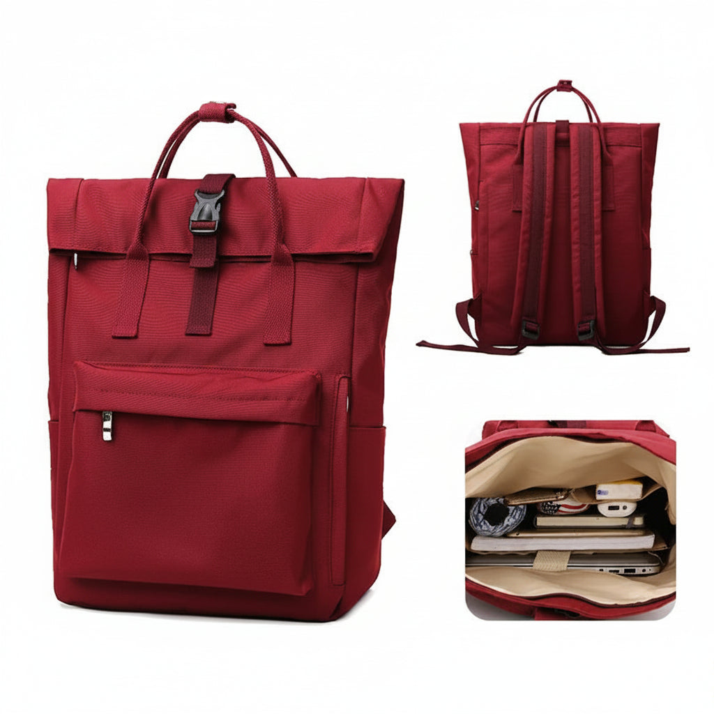 Petit sac à dos étudiant vu de face, de dos et ouvert