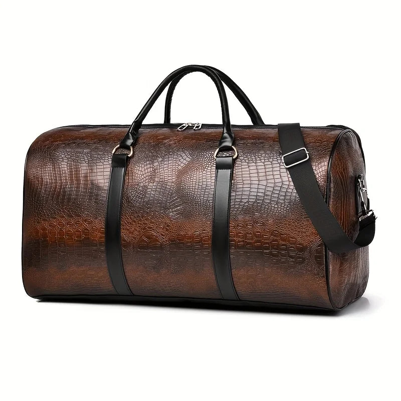 Sac de voyage polochon effet croco marron, aspect cuir rétro – vue de face