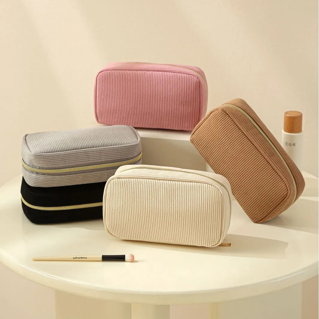 Trousse de maquillage velours côtelé – grande capacité