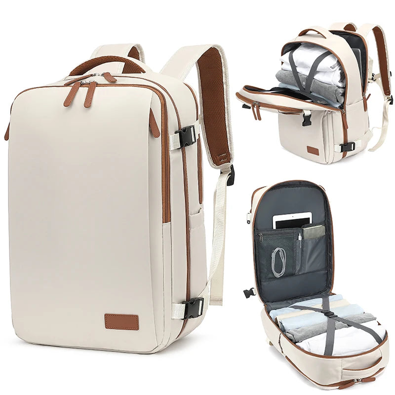Sac à dos cabine format easyJet 44 x 30 x 20 blanc cassé, fermé et ouvert sur ses rangements