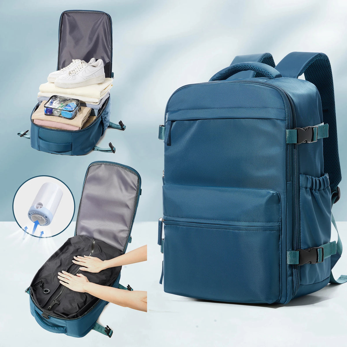 Sac à dos compression bleu paon : rangement et compression à la pompe