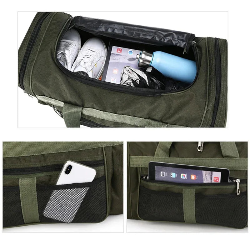 Sac de sport 60 cm ouvert, chaussures et affaires rangées, détail des poches avant