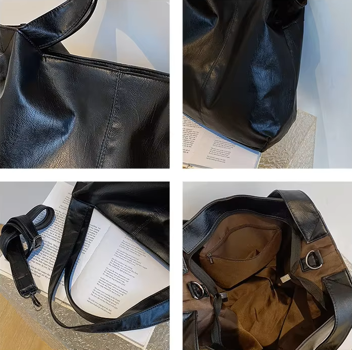 Grand sac hobo aspect cuir souple – gros plans des finitions et de l'intérieur