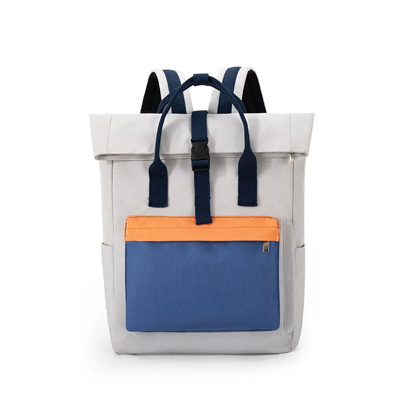 Petit sac à dos étudiant gris et bleu vu de face
