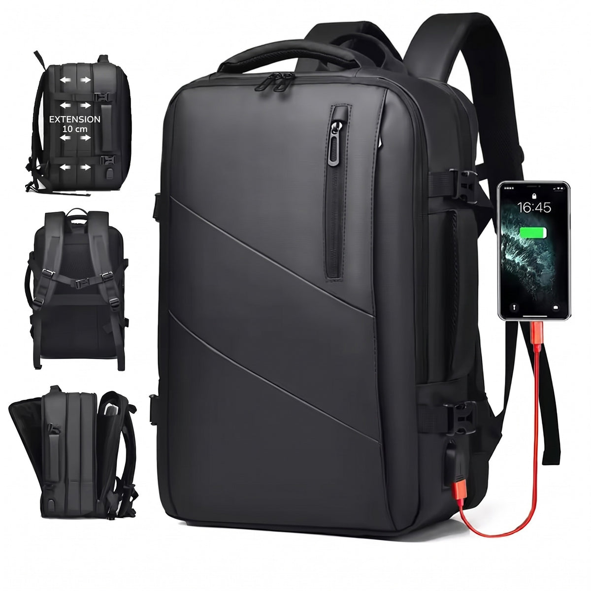 Sac à dos business avec téléphone en charge sur le port USB, vues de dos et ouvert