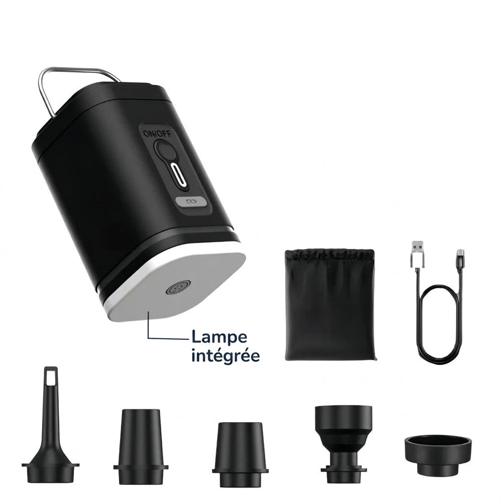 Pompe électrique seule avec sa pochette, son câble de recharge et cinq embouts
