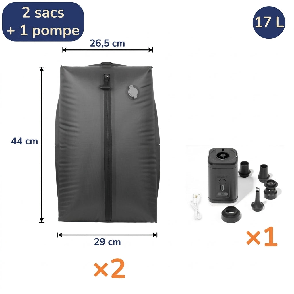 Lot de 2 sacs de compression 17 L avec une pompe électrique