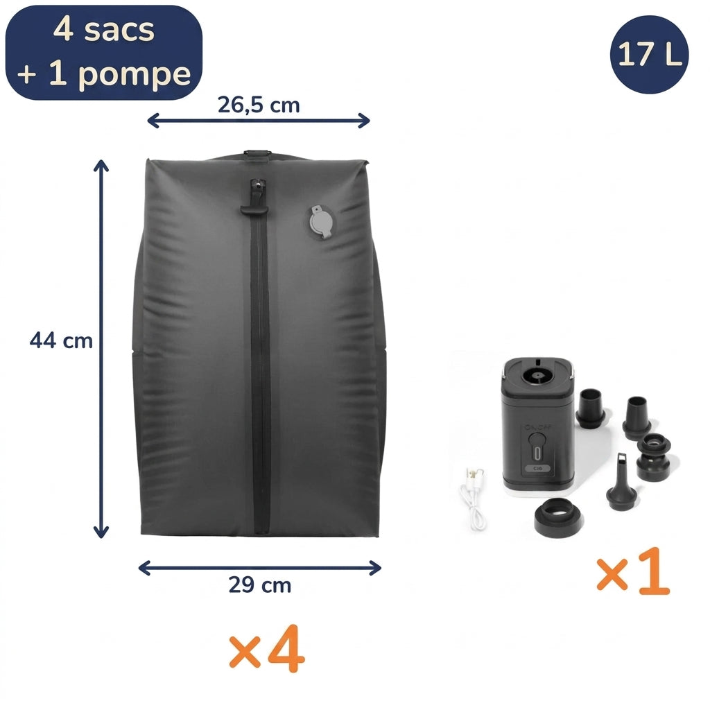 Lot de 4 sacs de compression 17 L avec une pompe électrique
